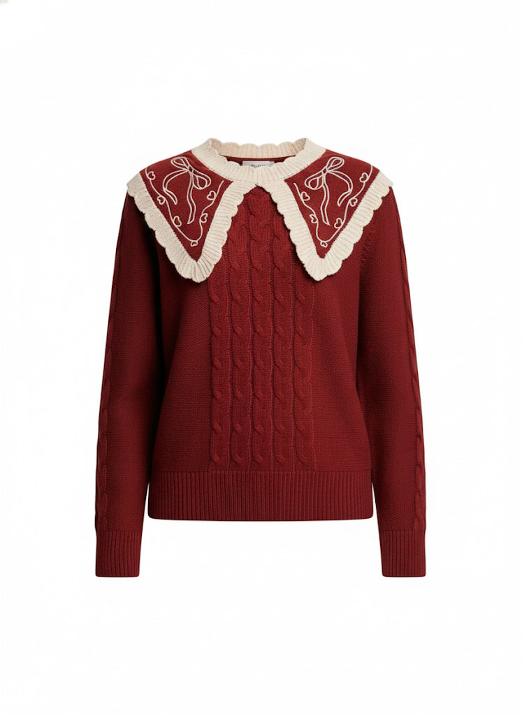 Gabriela Bow Embroidered Cable Knit Sweater